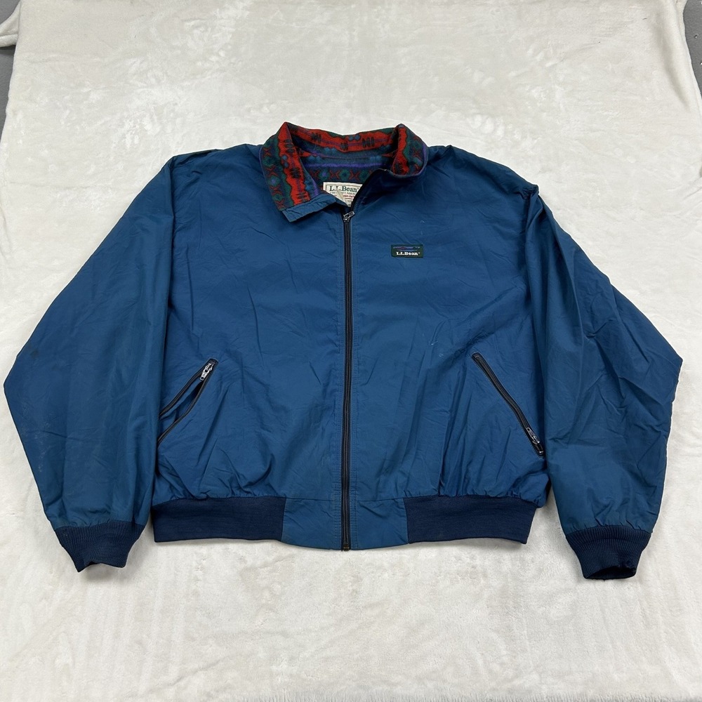 LL Bean Three-Season Jacket Mens Large Blue Aztec Fleece Lined Bomber Vintage